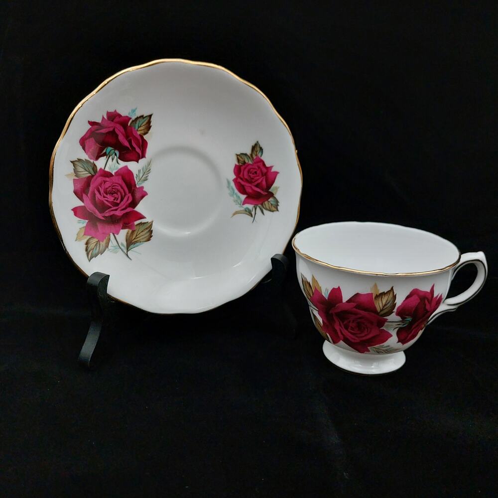 Vintage Royal Vale Teacup Saucer Set Red Rose Bone China Gold Trim England Fine